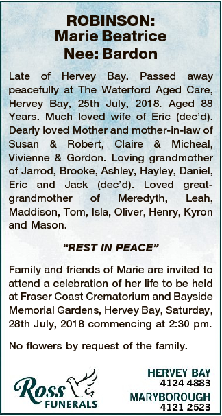 Funeral Notices Fraser Coast Maryborough My Tributes