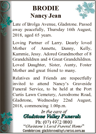 Funeral Notices Gladstone My Tributes