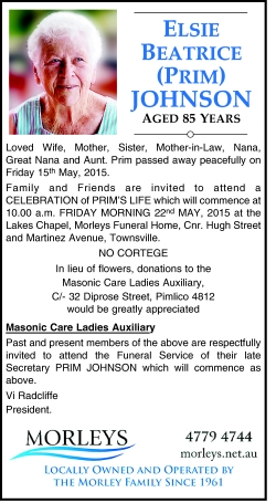 JOHNSON Elsie Beatrice Prim Funeral Notices Townsville My