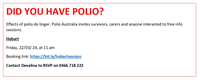 Effects of polio do linger. Polio Australia invites survivors, carers and anyone interested to free...