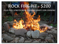 Rock Fire Pit with full length Cast Iron Cooking Grate - Delicious Cooking - Cast Iron Pot also...