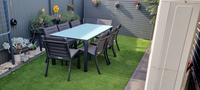 9-piece modern outdoor furniture set in very good condition, comprising:* Grey steel-framed 1800mm x...