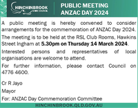 Public Meeting - ANZAC Day 2024A public meeting is hereby convened to consider arrangements for the...