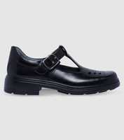 Ingrid is a T-bar style girls' school shoe designed with a buckle fastening and laser cut toe design