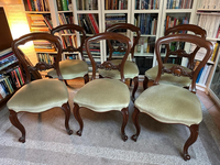These dining chairs are in very good condition, sturdy with well polished wood. The covering is a pale...