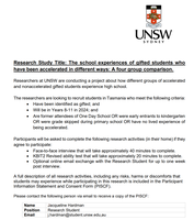 Researchers from UNSW are recruiting Tasmanian high school students Years 8-11 who are intellectually...