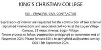 KING’S CHRISTIAN COLLEGEEOI – PRINCIPAL CIVIL CONTRACTORExpressions of interest are requested for the...