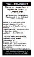 Proposed DevelopmentMake a submission from 18 September 2024 to 10 October 2024Reconfiguring a Lot...