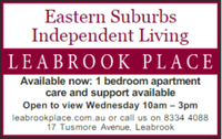 EASTERN SUBURBSINDEPENDENT LIVINGLEABROOK PLACERare Opportunity: fully refurbished 2 bedroom...