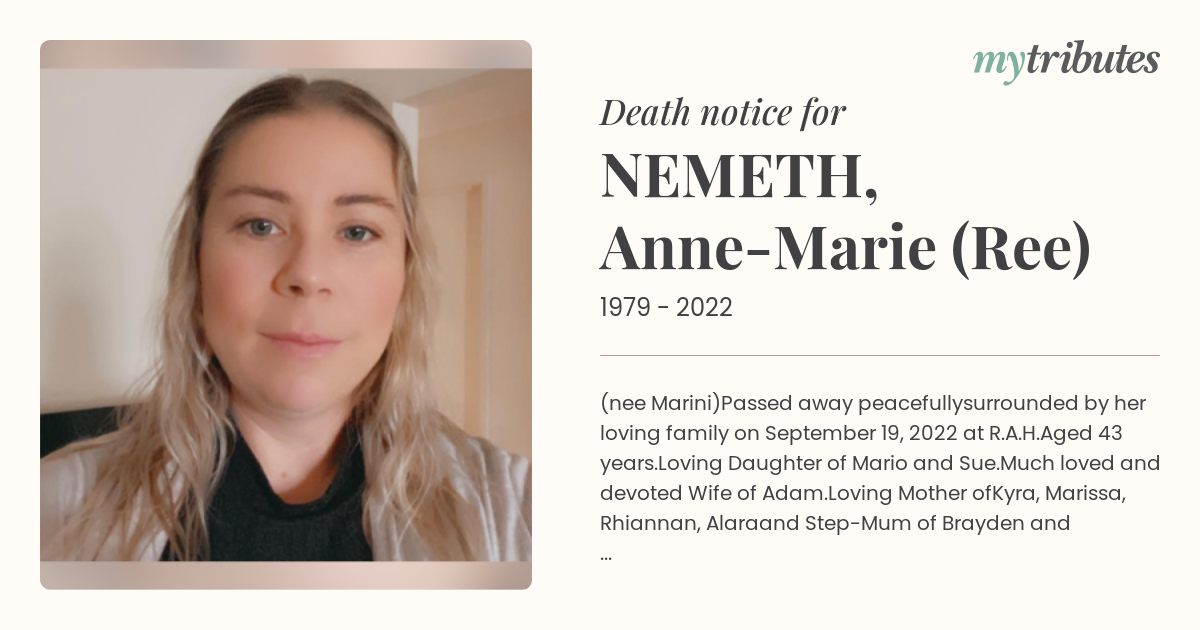 NEMETH, Anne-Marie (Ree) | Death Notices | Adelaide | My Tributes