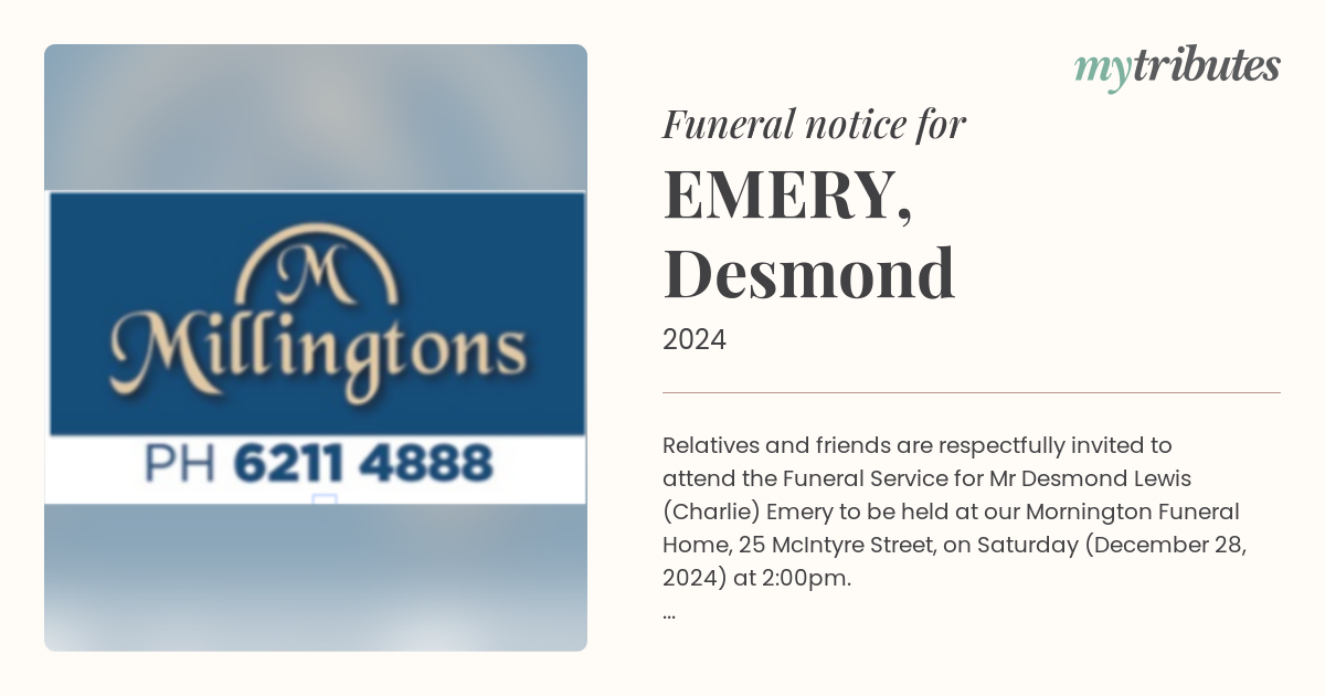 EMERY, Desmond | Funeral Notices | Tasmania | My Tributes