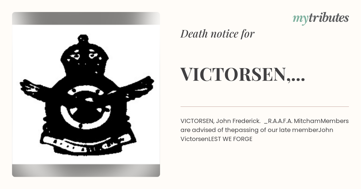 VICTORSEN, John Frederick | Death Notices | Darwin | My Tributes