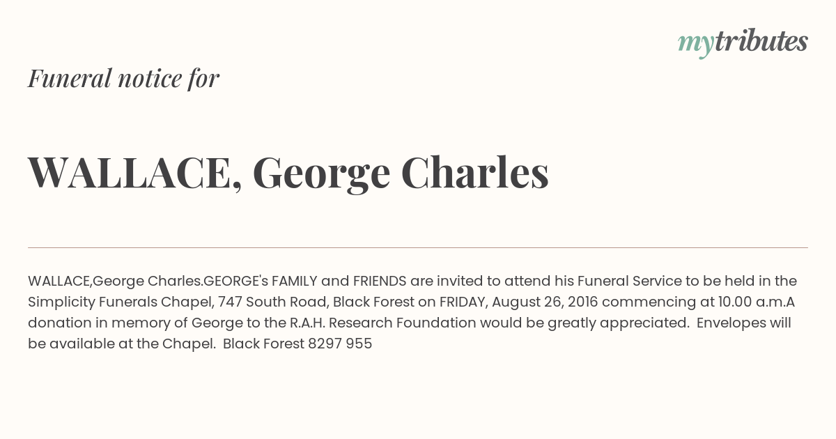 WALLACE, George Charles | Funeral Notices | Darwin | The Courier Mail