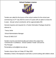 Tender opportunity at local Public School. Term 3 years + 2 years. Tenders must be sent electronically...