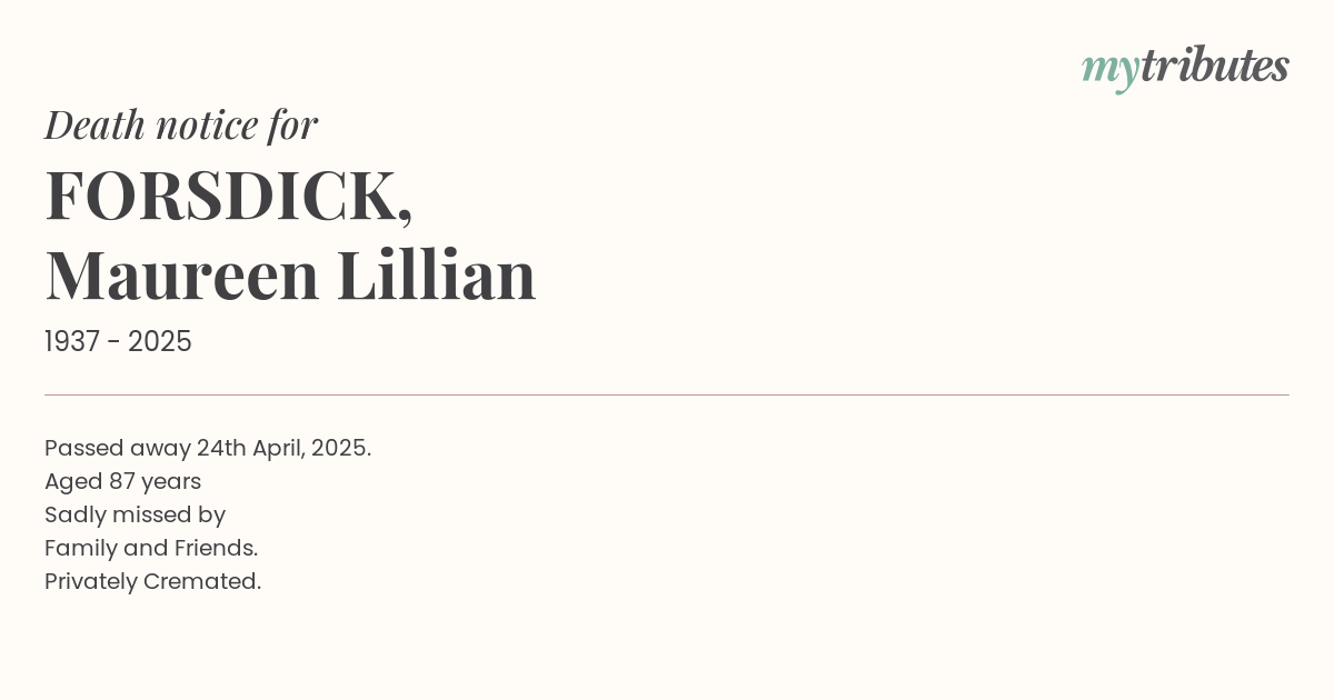 FORSDICK, Maureen Lillian