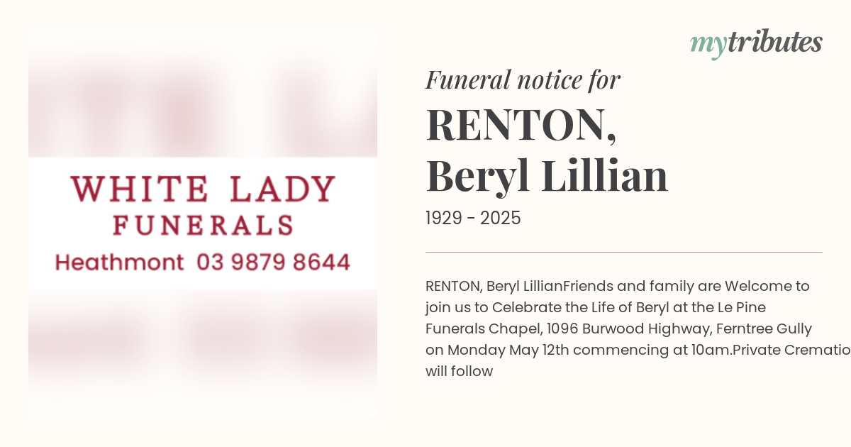 Celebrating the Life of Beryl Lillian Renton: Funeral Service and Tribute