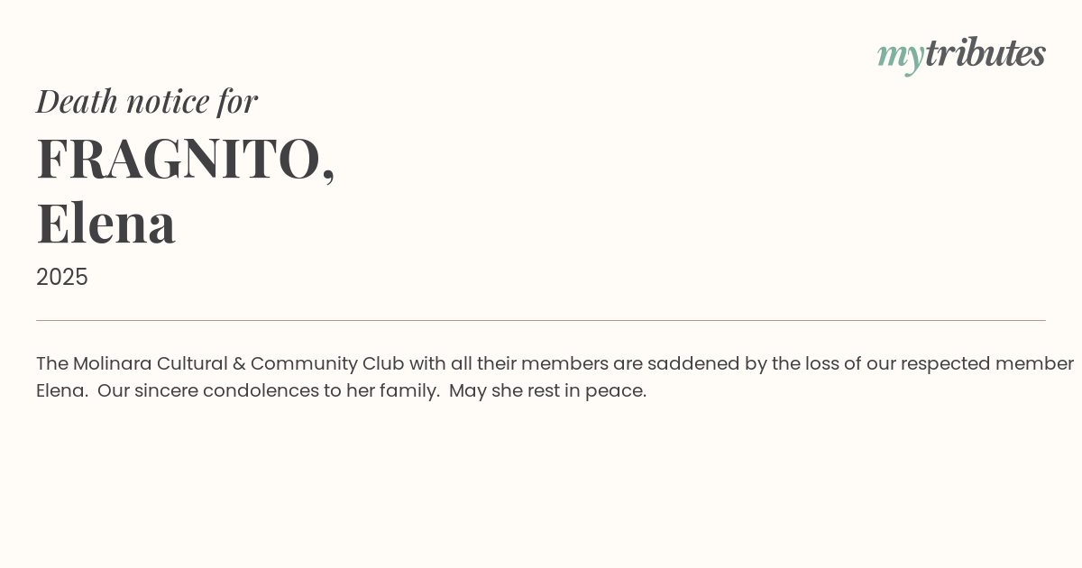 Beloved Community Member Elena FRAGNITO Passes Away - Tributes Pour In