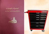 6 drawer red ToolPro toolbox on wheels w min 100 deep red bound/gold embossed hymnals stolen from St...