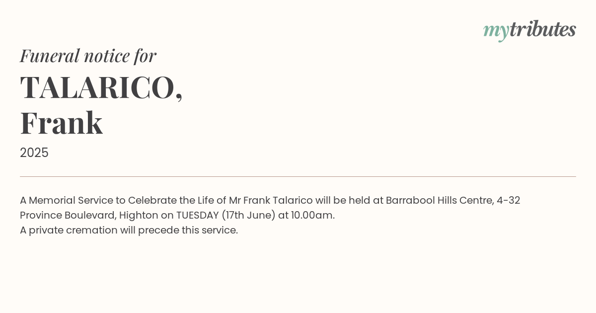 Beloved Frank Talarico Remembered in Geelong Memorial Service