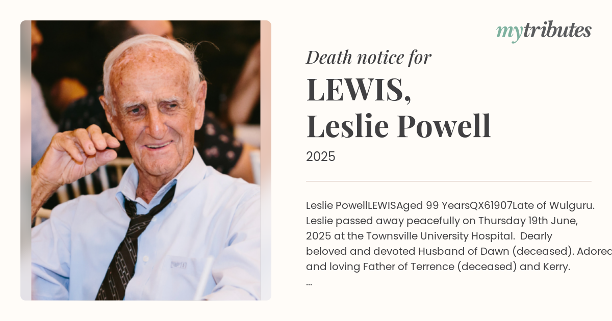 Tributes Flow for Leslie Lewis: A Beloved Husband, Father, and Grandad Remembered in Townsville
