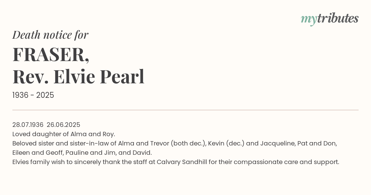 FRASER, Rev. Elvie Pearl