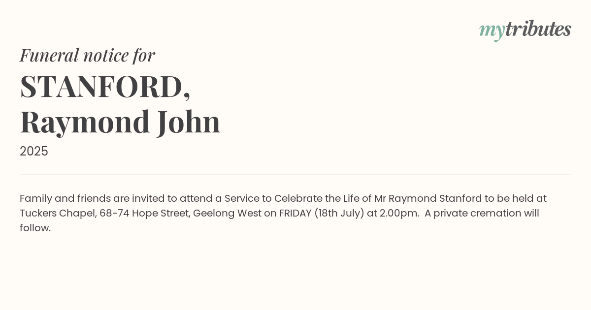 Beloved Geelong Man, Raymond John Stanford, Remembered in Heartfelt Farewell Service