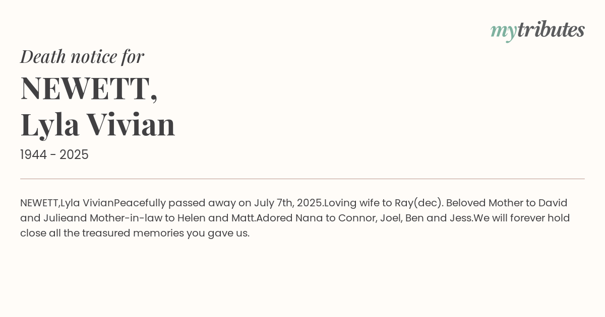 Beloved Lyla Newett Remembered: A Life Filled with Family, Love, and Cherished Memories