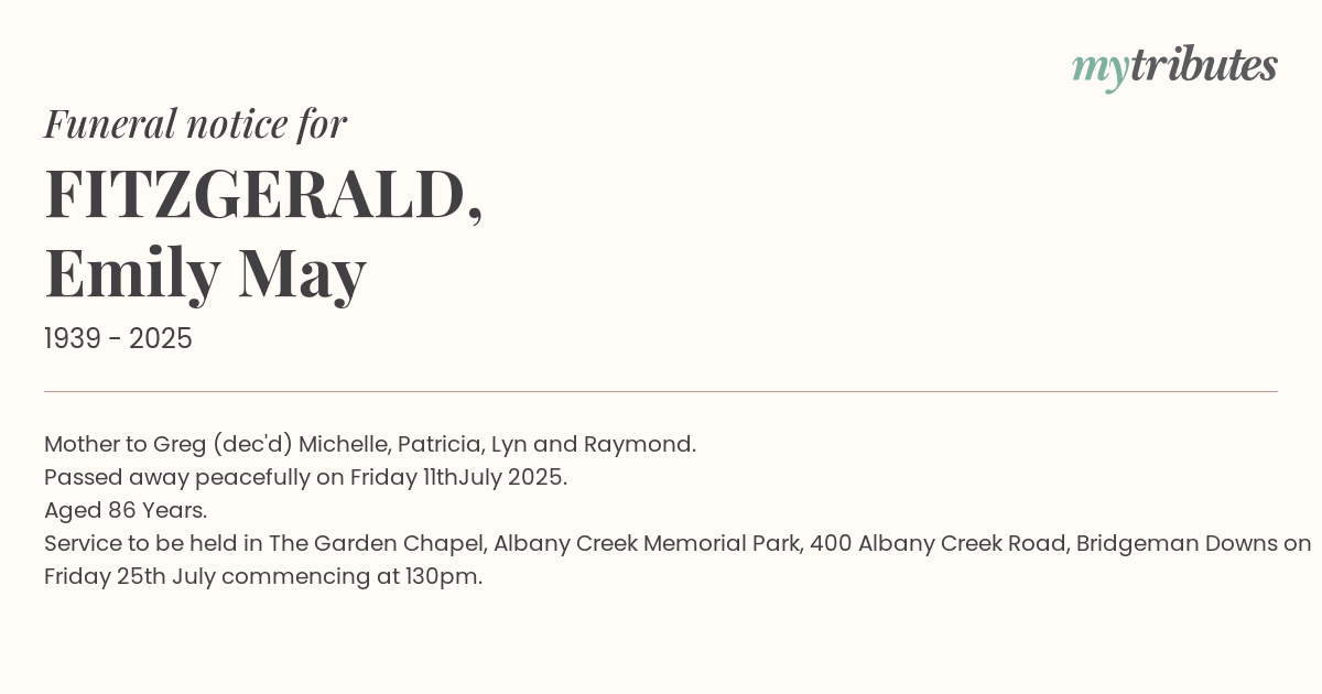 Beloved Emily Fitzgerald Remembered: A Life Well-Lived in Brisbane