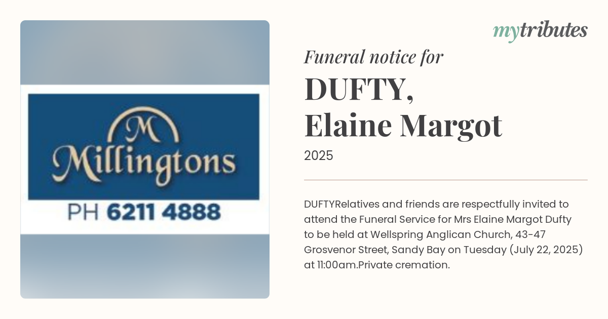 Beloved Elaine Dufty Remembered in Moving Funeral Service in Sandy Bay