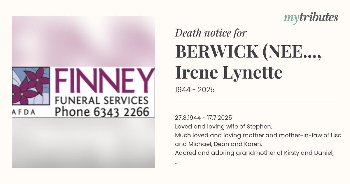 BERWICK (NEE MCGOWAN), Irene Lynette | Death Notices | Melbourne