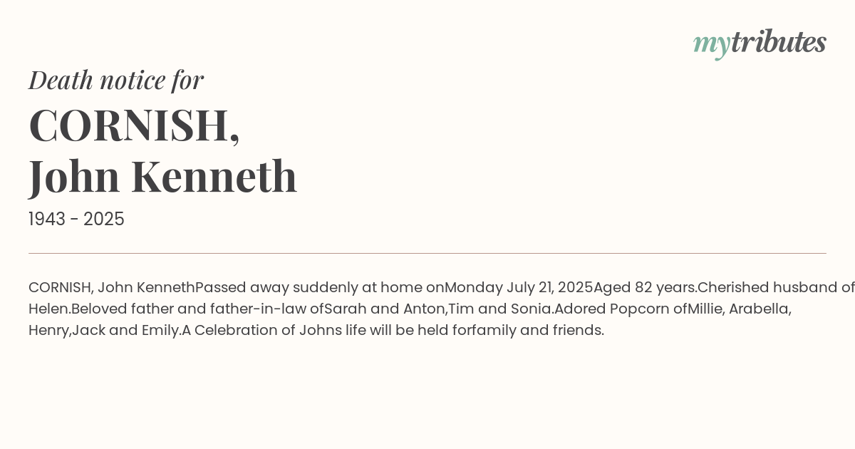 CORNISH, John Kenneth
