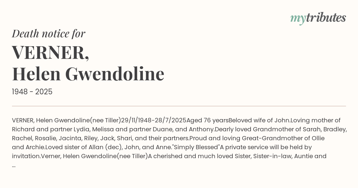 VERNER, Helen Gwendoline
