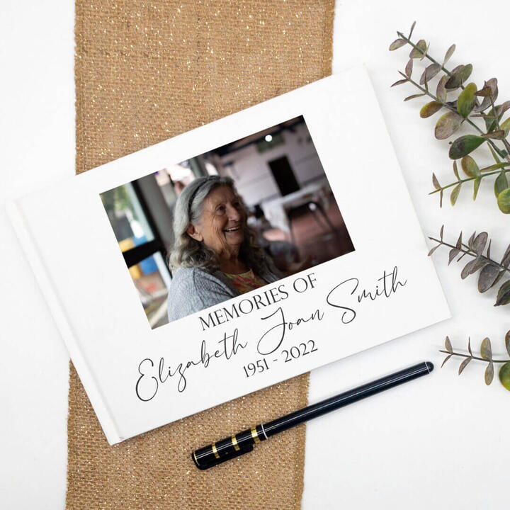 Memorial Guest Book with photo, personalised with your choice of wording and in 2 sizes. The perfect...