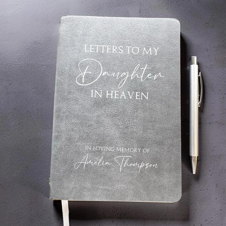 Letters to Heaven personalised vegan leather notebook. A comforting memorial journal for reflection...