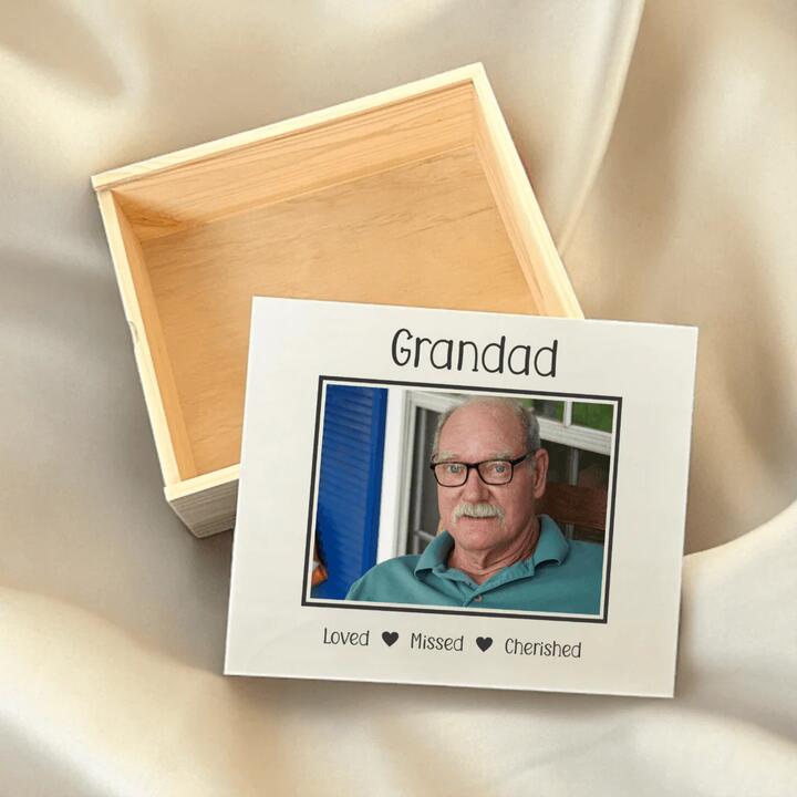 Personalised large wooden memorial box with photo and name. Solid pine keepsake chest available in two...