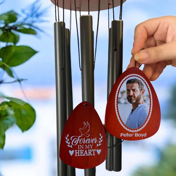 Personalised double-sided memorial wind chimes with photo and quote. A calming outdoor keepsake to...