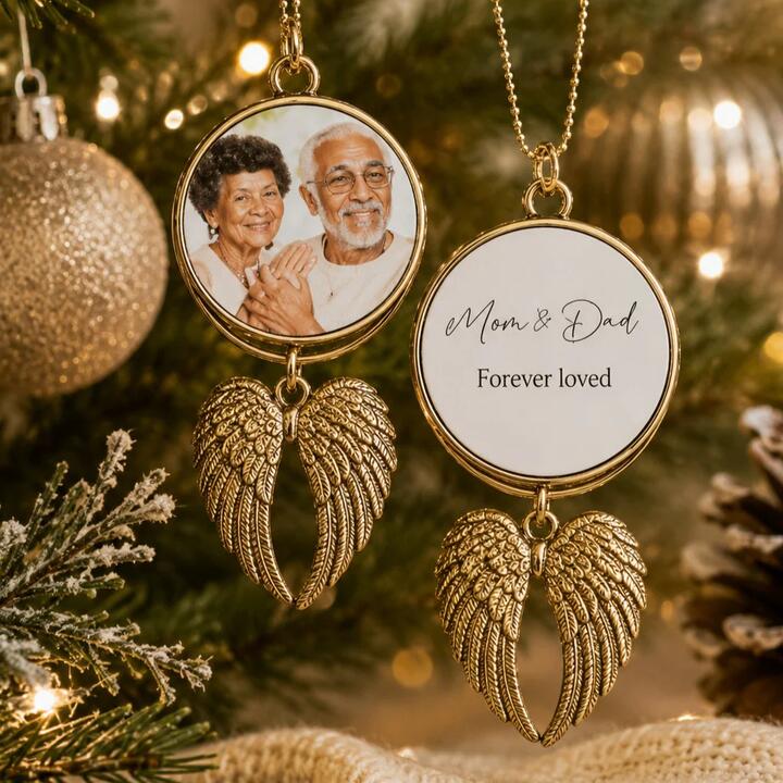 Gold metal double-sided memorial ornament with 40mm photo and personalised message on the back.