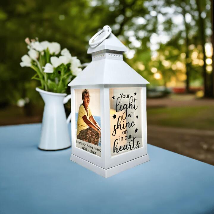 Personalised memorial lantern with photo and quote. A comforting LED keepsake to honour a loved one and...