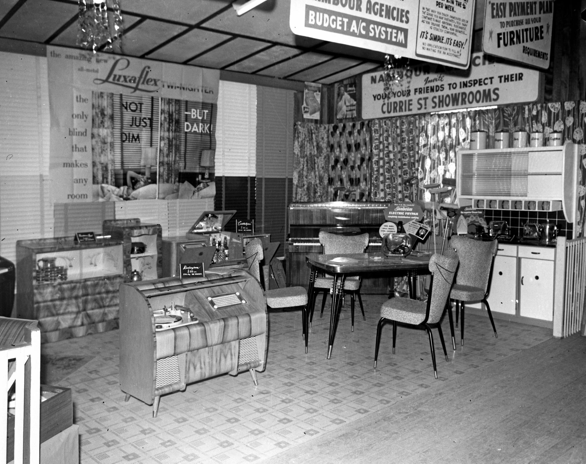 Nambour Agencies house hold furniture and furnishings display, Nambour Showgrounds, 1958.