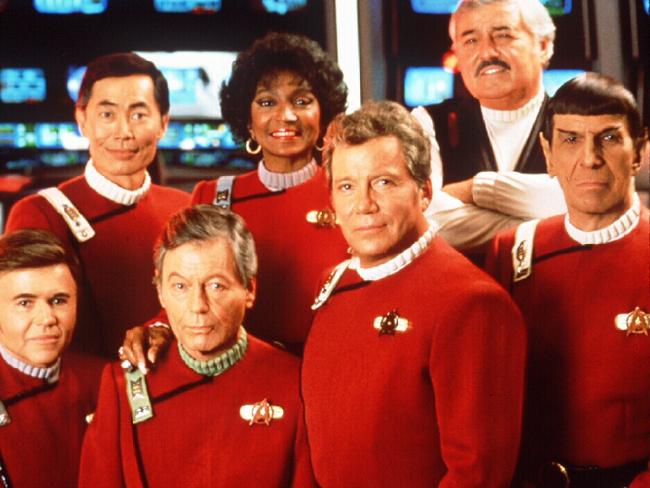 Actors and cast in 1991 film Star Trek VI : The Undiscovered Country (l-r) (rear) George Takei, Nichelle Nichols &amp; James Doohan, (front) Walter Koenig, DeForest Kelley, William Shatner &amp; Leonard Nimoy.