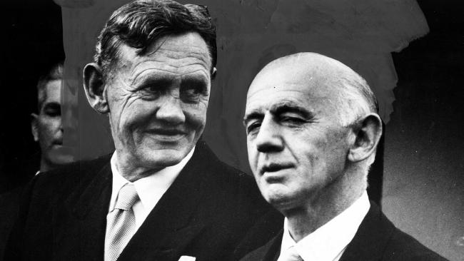 John Gorton (left) with future Prime Minister William McMahon (right) in 1968.