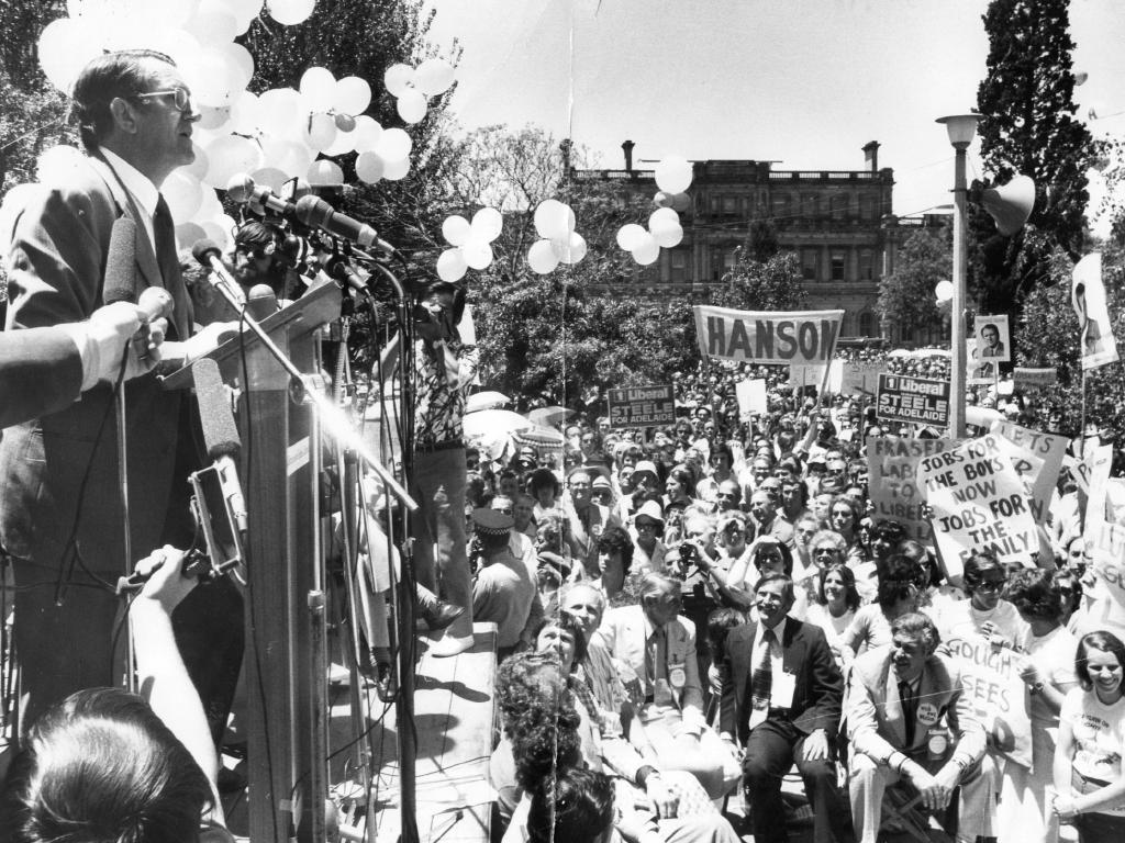 Prime Minister Malcolm Fraser, addresses Liberal rally at Victoria Square in Adelaide during the Federal election campaign of 1975 following Mr Whitlam’s dismissal.