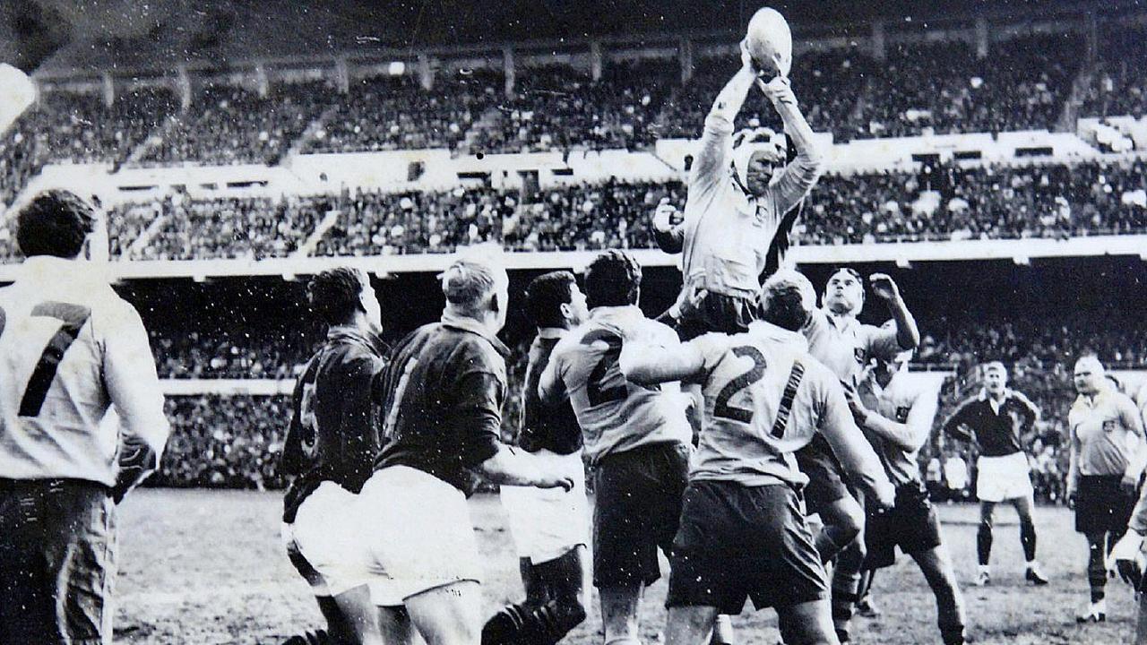 Rob Heming takes a lineout grab during the 1963 Test between Australia and South Africa at Ellis Park.