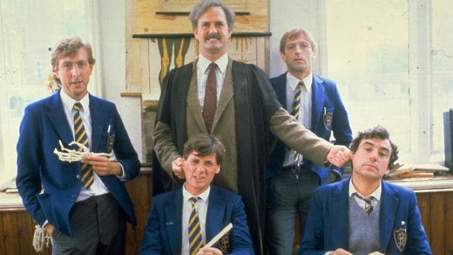 Eric Idle, John Cleese and Graham Chapman, Michael Palin and Terry Jones in a scene from the 1983 Monty Python film The Meaning of Life.
