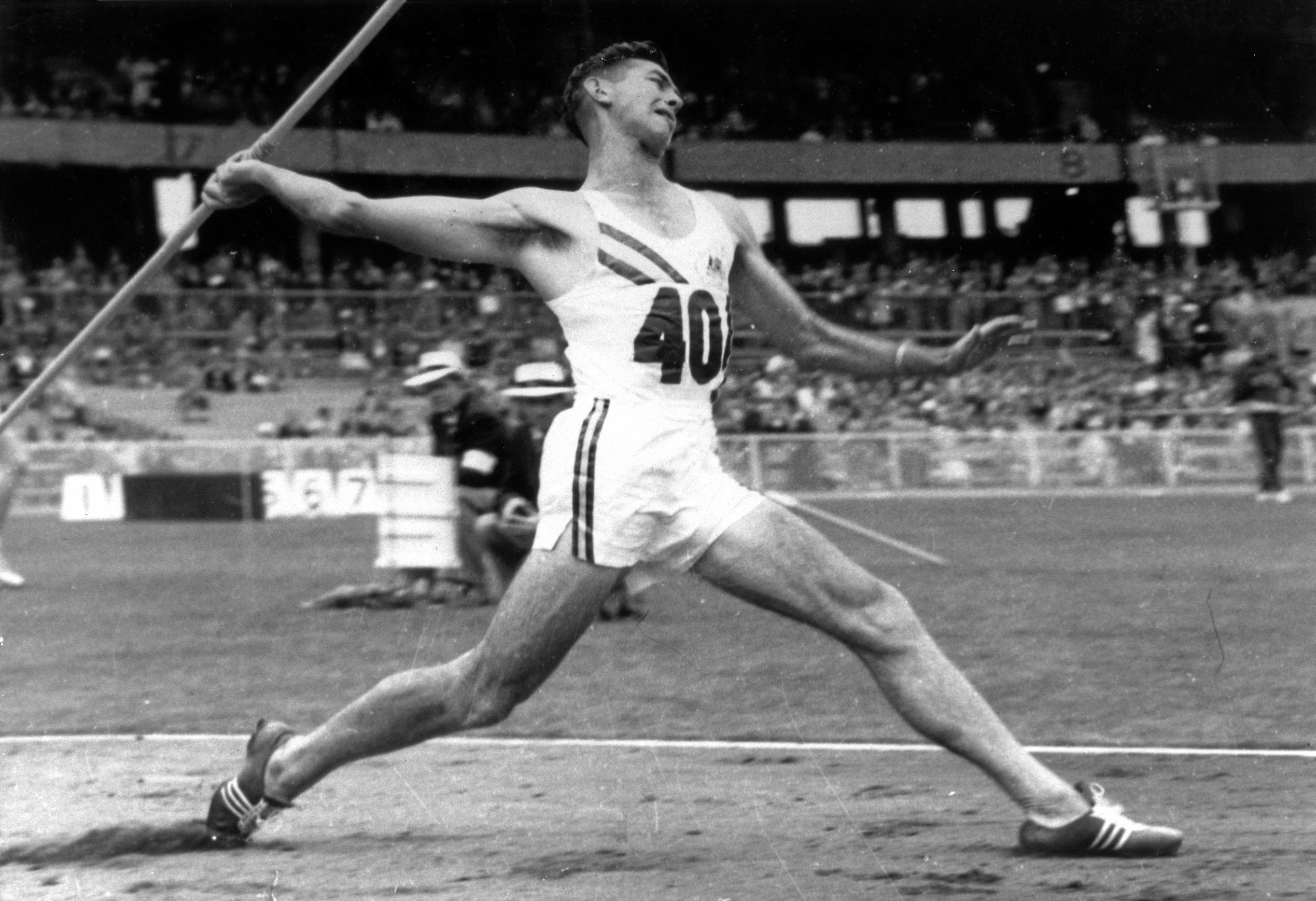 Olympian Jim Achurch competing in the javelin event at the 16th Olympic Games held in Melbourne, 1956.