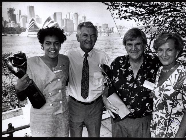 Prime Minister Bob Hawke and wife Hazel with 1990 Young Australian of the Year Cathy Freeman and Australian of the Year, eye surgeon pioneer Professor Fred Hollows after presentation ceremony at Kirribilli House in Sydney on Australia Day, 1990.