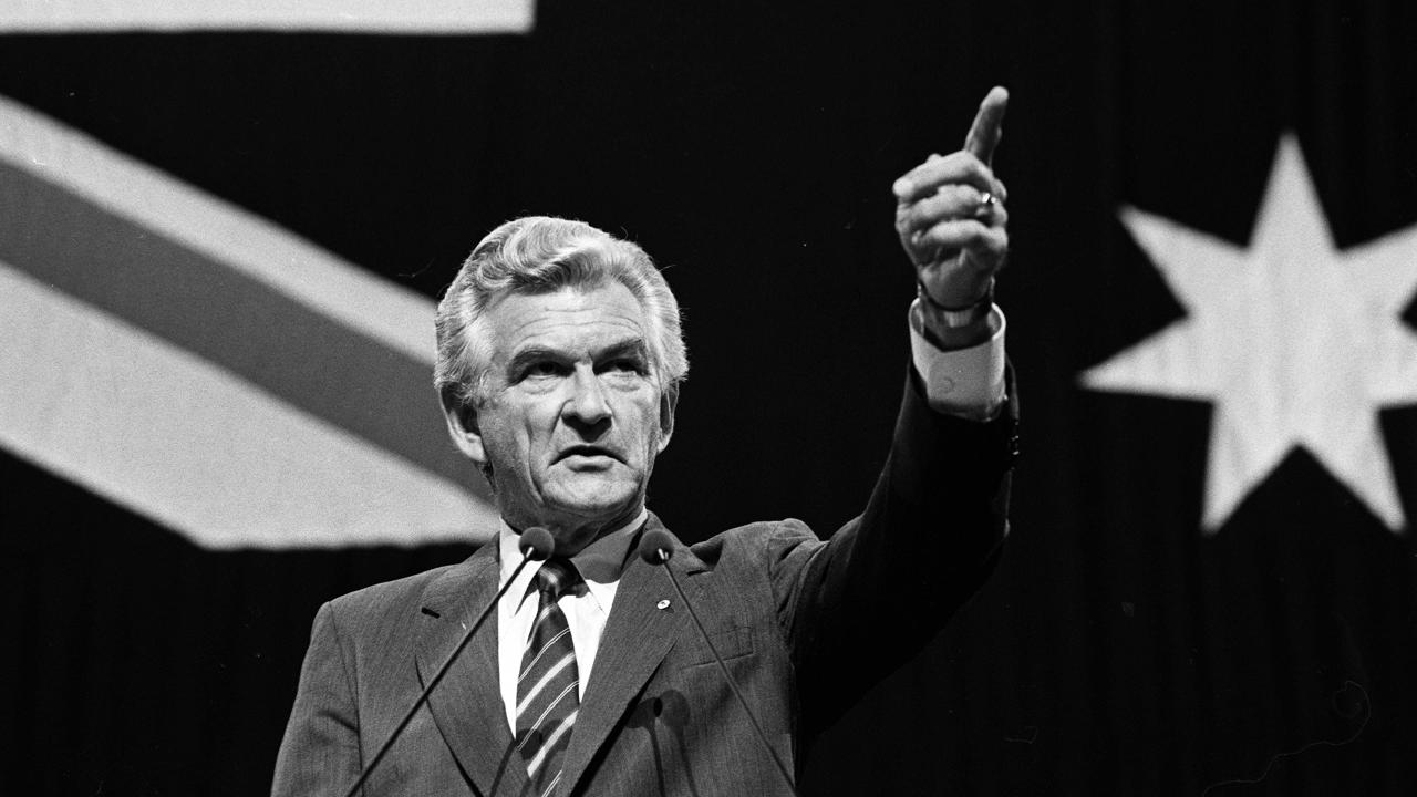 Labor Prime Minister Bob Hawke giving his ALP policy speech at the Sydney Opera House. Picture: Barry McKinnon