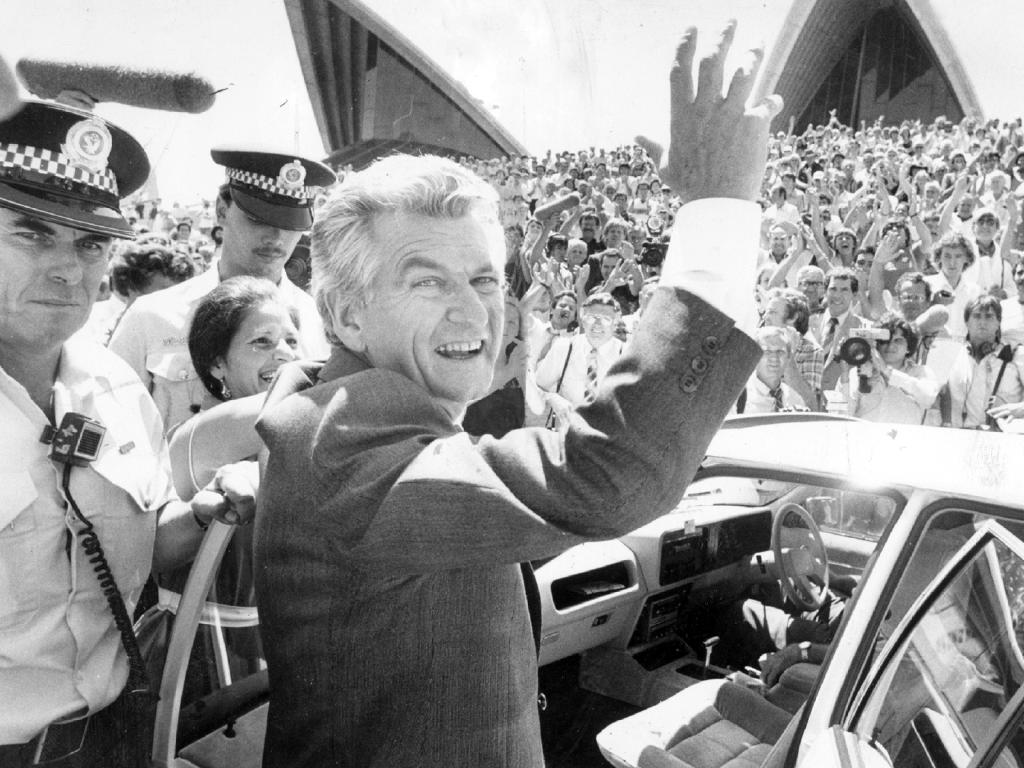 Bob Hawke farewells crowds at the Sydney Opera House in 1983 after giving an ALP policy speech for the upcoming 1983 Federal election. Picture: Ray Strange