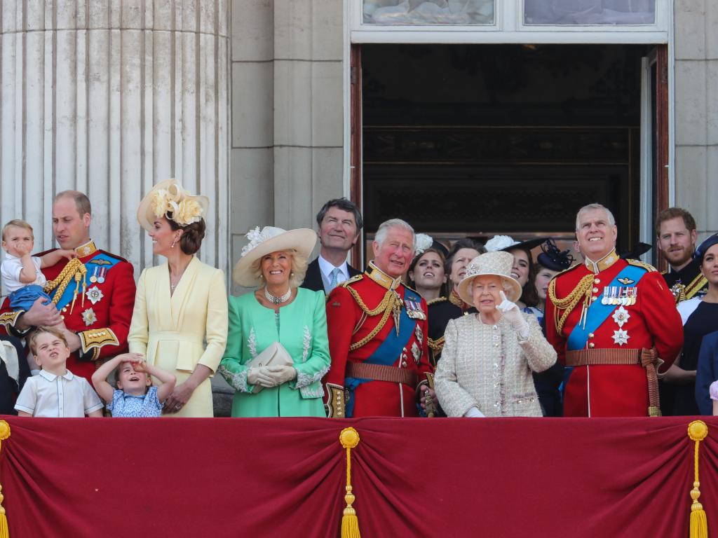 The royal family watches a flyover from the balcony of Buckingham Palace for the Queen’s birthday parade.