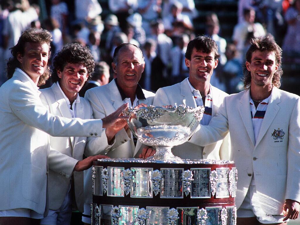 Peter McNamara, Paul McNamee, Neale Fraser, John Fitzgerald &amp; Pat Cash celebrating 1986 Davis Cup won by Australia.
